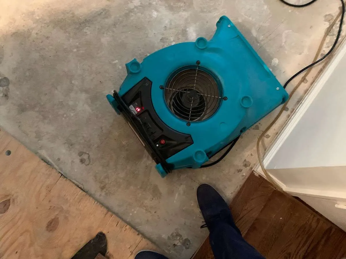Air mover drying subfloor during Leak Detection & Repair in Chalmette
